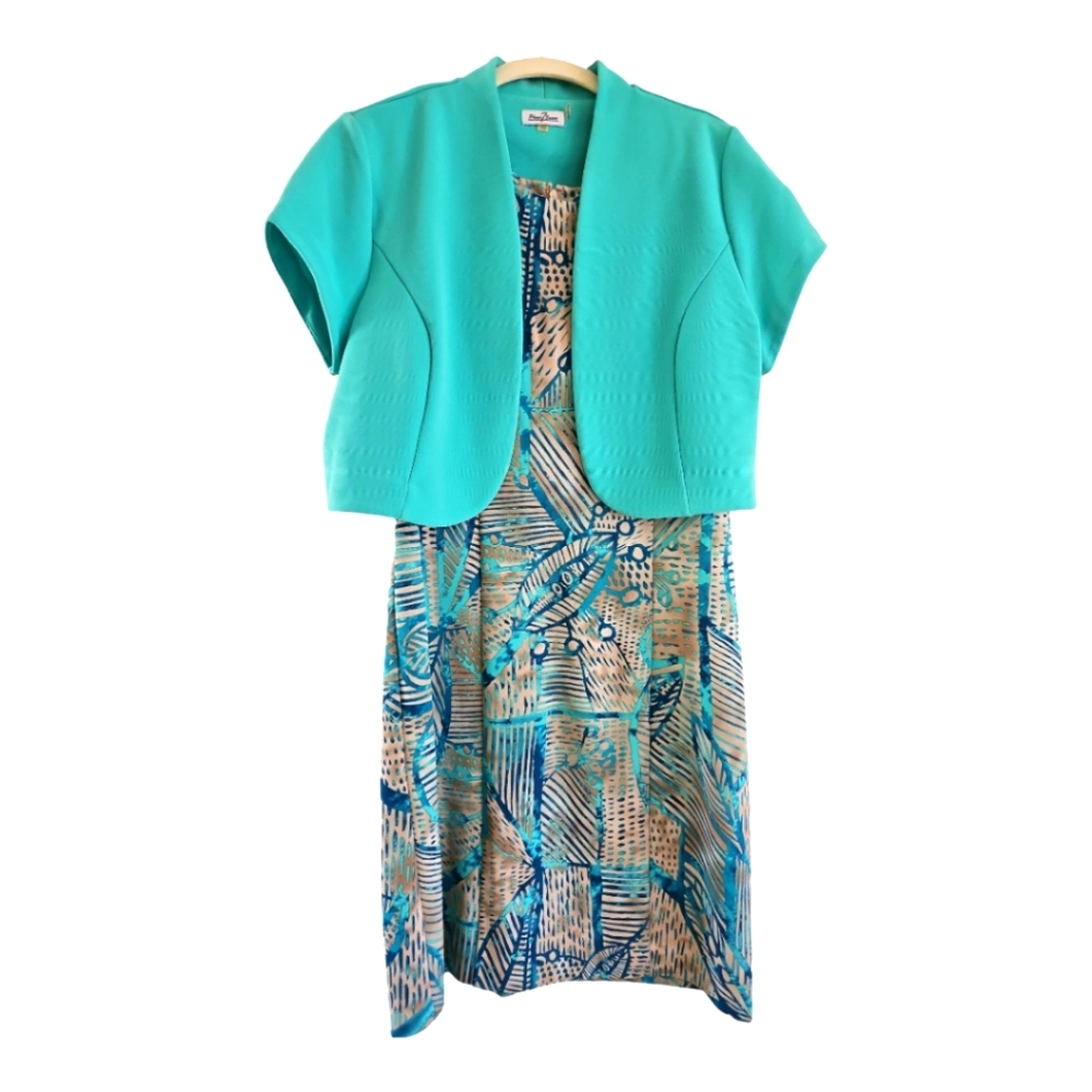 Sheath Dress & Jacket 10 Blue Teal Greige Print Phase Seven